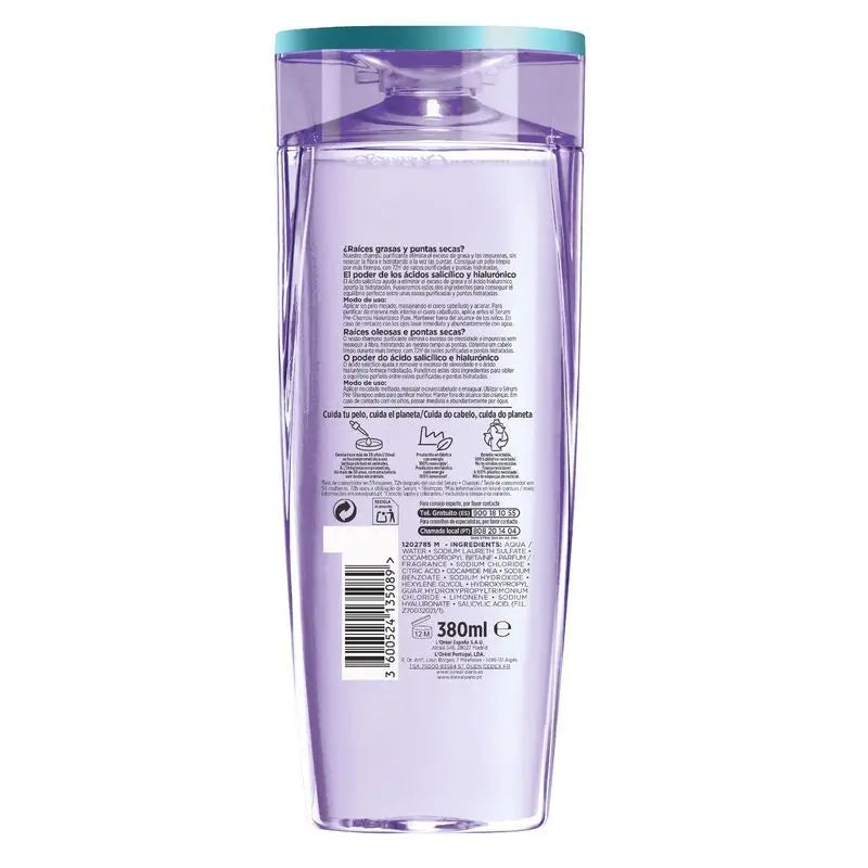 L'Oréal Paris Elvive Champô Puro Hialurónico: Limpa, Hidrata, Dá Brilho e Corpo, Sem Silicone, 400Ml