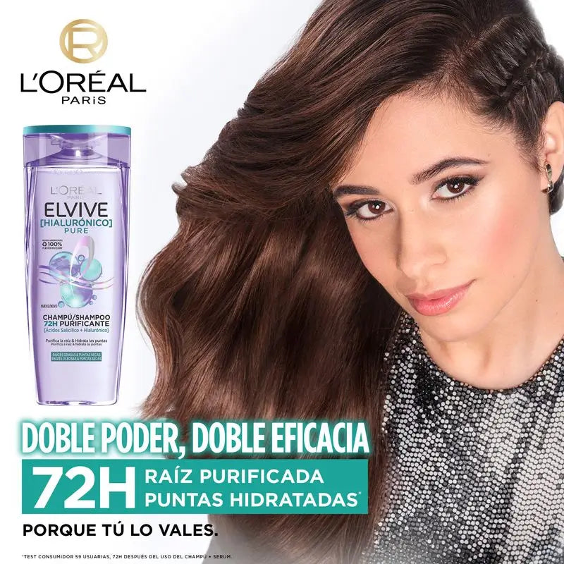 L'Oréal Paris Elvive Champô Puro Hialurónico: Limpa, Hidrata, Dá Brilho e Corpo, Sem Silicone, 400Ml