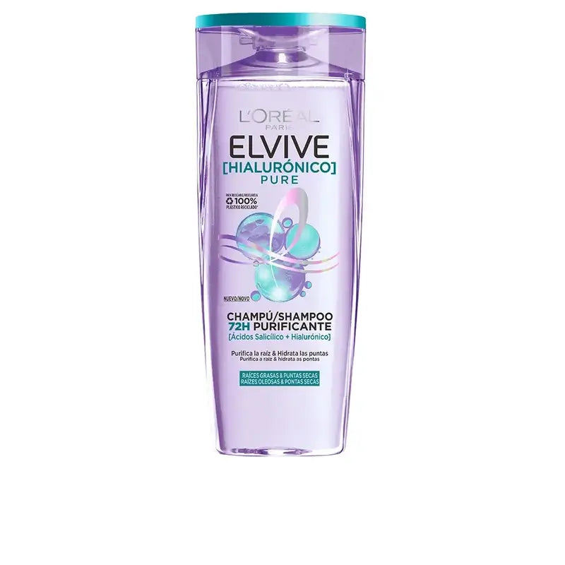 L'Oréal Paris Elvive Champô Puro Hialurónico: Limpa, Hidrata, Dá Brilho e Corpo, Sem Silicone, 400Ml