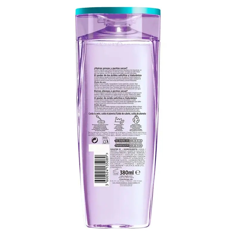 L'Oréal Paris Elvive Champô Puro Hialurónico: Limpa, Hidrata, Dá Brilho e Corpo, Sem Silicone, 400Ml