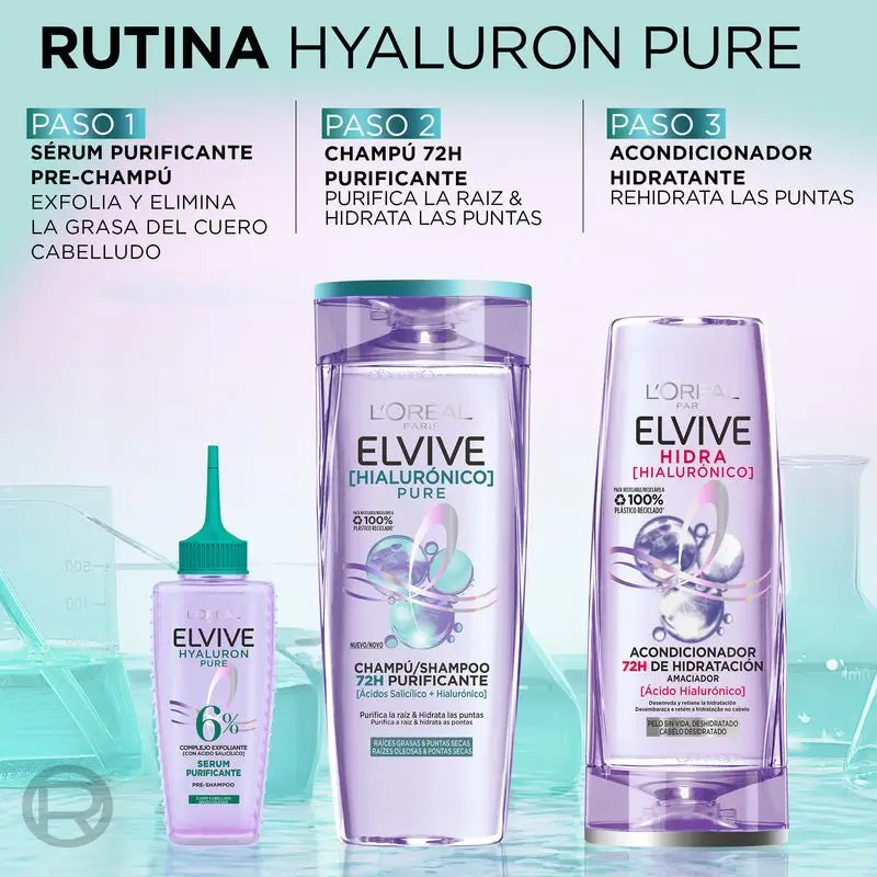 L'Oréal Paris Elvive Champô Puro Hialurónico: Limpa, Hidrata, Dá Brilho e Corpo, Sem Silicone, 400Ml