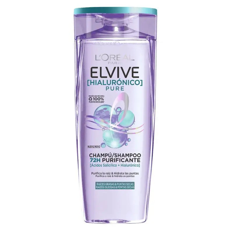 L'Oréal Paris Elvive Champô Puro Hialurónico: Limpa, Hidrata, Dá Brilho e Corpo, Sem Silicone, 400Ml