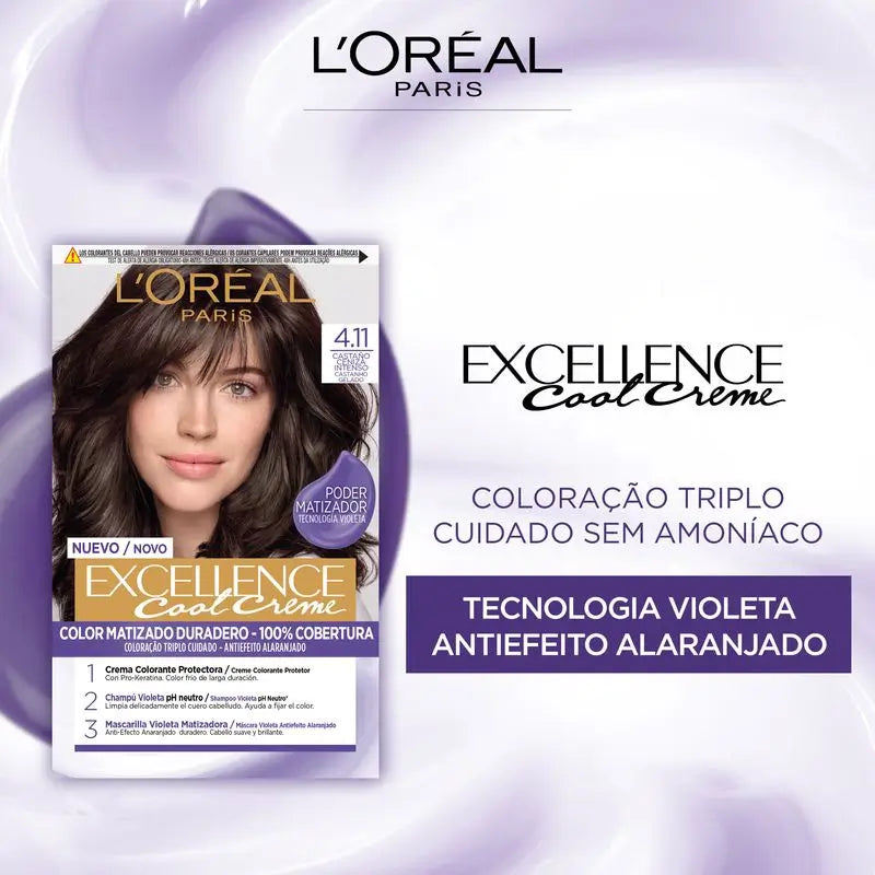 L'Oréal Paris Excellence Cool Creme Coloração Permanente do Cabelo - Tom 4.11 Castanho Acinzentado Intenso