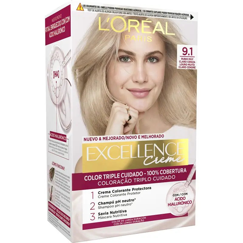 L'Oréal Paris Excellence Creme Permanent Hair Color - Tom 9.1 Louro Acinzentado Muito Claro