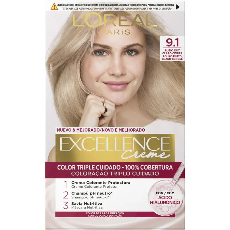 L'Oréal Paris Excellence Creme Permanent Hair Color - Tom 9.1 Louro Acinzentado Muito Claro