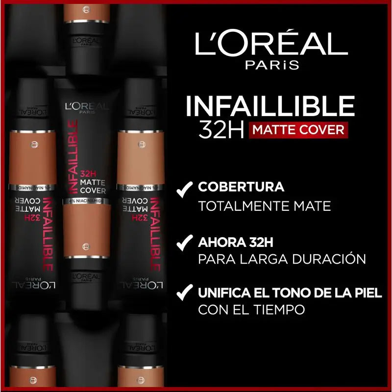 L'Oréal Paris Infallible 32H Matte Cover Base Alta Cobertura Matte 135 Vanille Éclat Com Niacinamida, Spf25, Resistente à Água