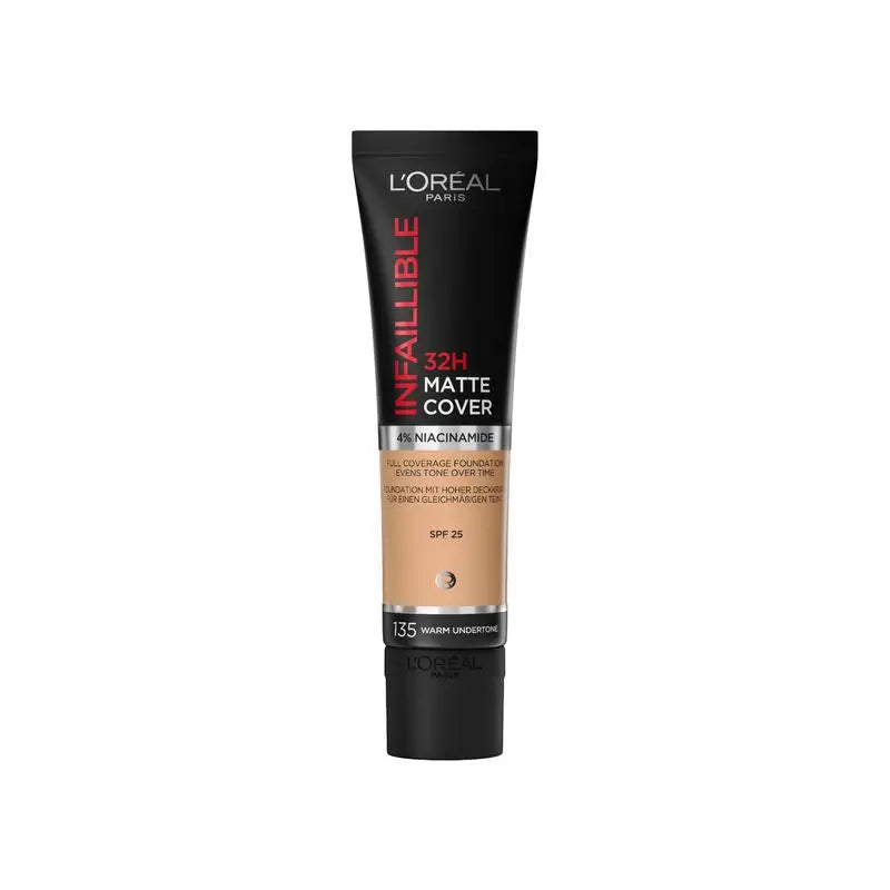 L'Oréal Paris Infallible 32H Matte Cover Base Alta Cobertura Matte 135 Vanille Éclat Com Niacinamida, Spf25, Resistente à Água