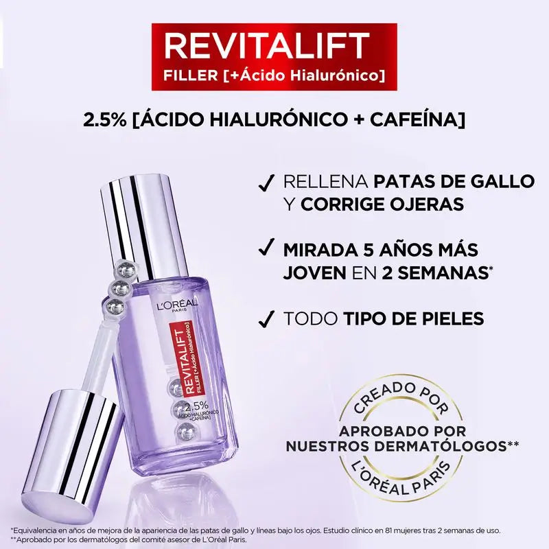 L'Oréal Paris Revitalift Filler Sérum para os Olhos: 2,5% Ácido Hialurónico e Cafeína, Roll-On Triplo