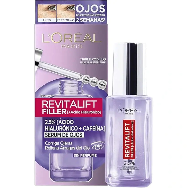 L'Oréal Paris Revitalift Filler Sérum para os Olhos: 2,5% Ácido Hialurónico e Cafeína, Roll-On Triplo