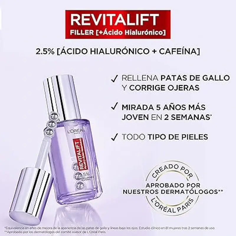 L'Oréal Paris Revitalift Filler Sérum para os Olhos: 2,5% Ácido Hialurónico e Cafeína, Roll-On Triplo