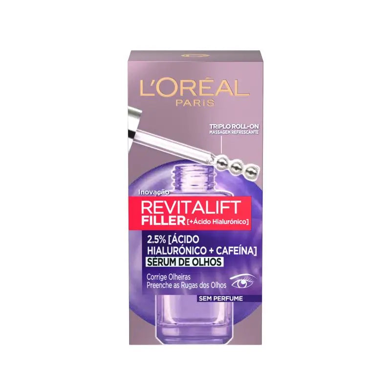 L'Oréal Paris Revitalift Filler Sérum para os Olhos: 2,5% Ácido Hialurónico e Cafeína, Roll-On Triplo