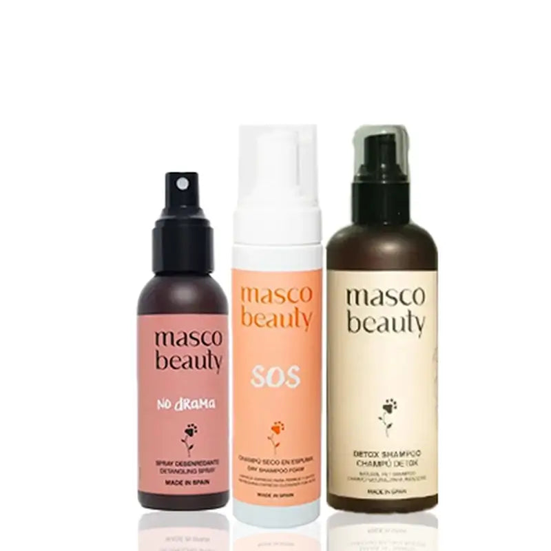 Masco Beauty Care Pack com champô seco 200 ml, spray desembaraçador 100 ml e champô desintoxicante 250 ml para cães