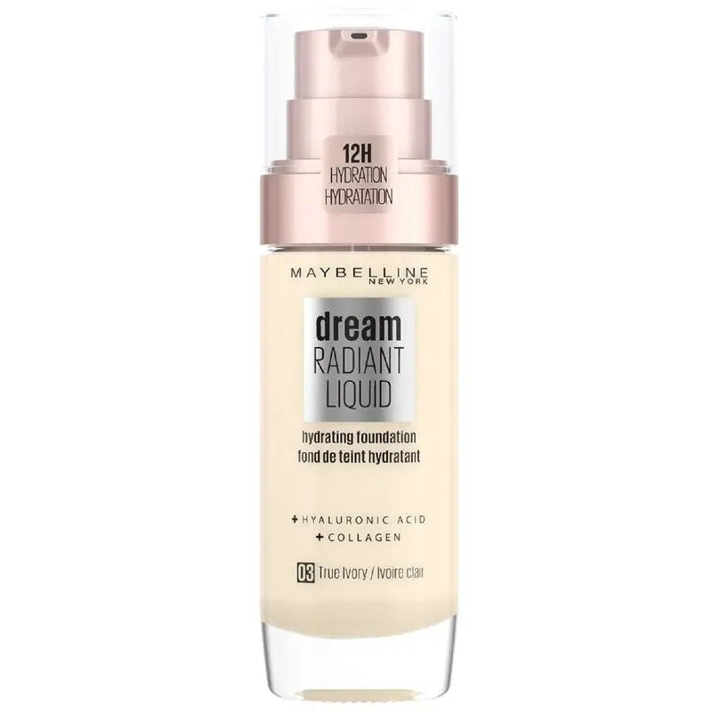 Maybelline New York Dream Radiant Liquid 03 True Ivory: Base hidratante com ácido hialurónico e colagénio, 30 ml