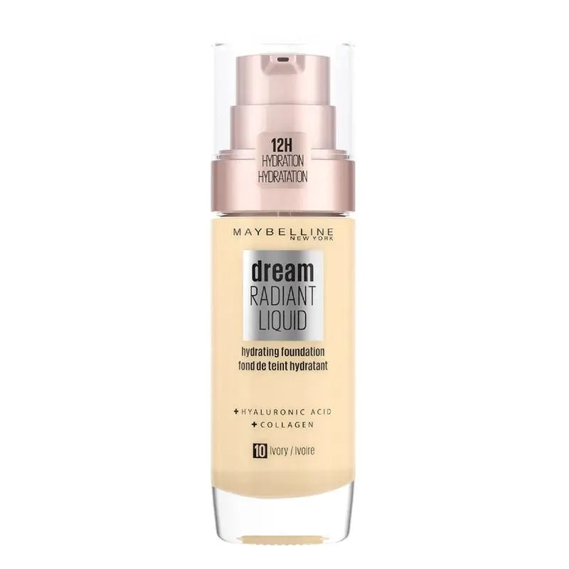 Maybelline New York Dream Radiant Liquid 10 Ivory: Base hidratante com ácido hialurónico e colagénio, pele clara, 30ML