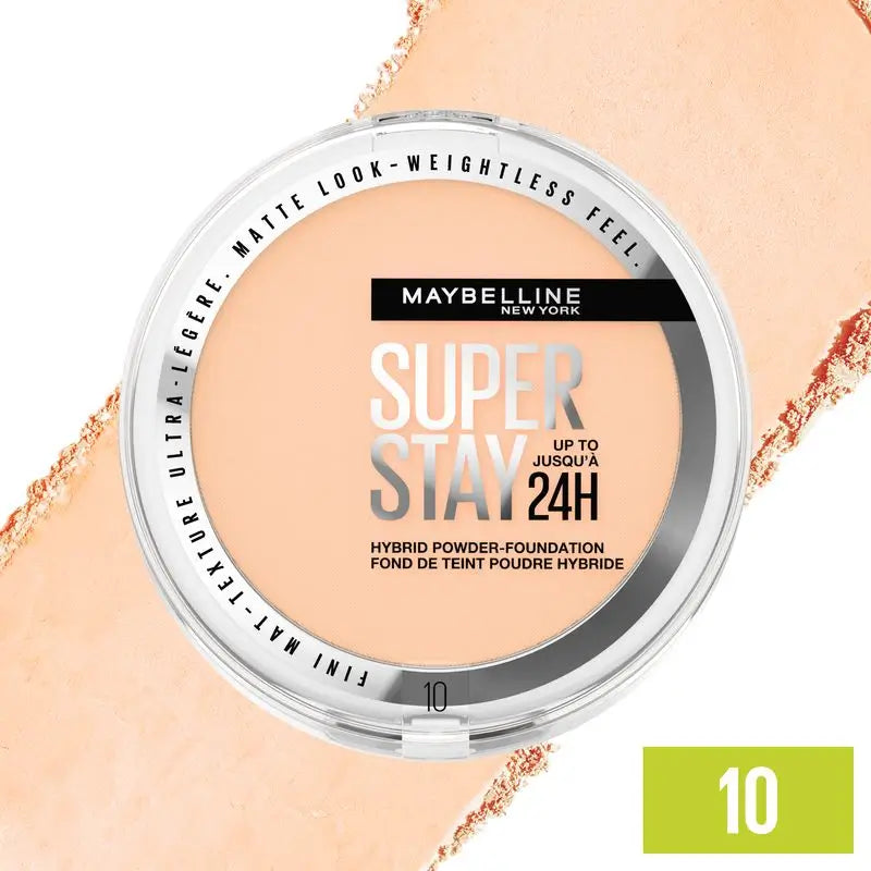 Maybelline New York Superstay Hybrid 24H Powder Foundation, Super Cobertura, Super Leve, Até 24 horas, Tonalidade 10