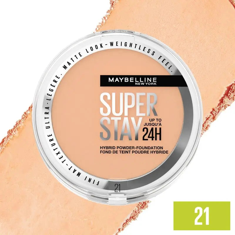 Maybelline New York Superstay Hybrid 24H Powder Foundation, Super Cobertura, Super Leve, Até 24 horas, Tonalidade 21