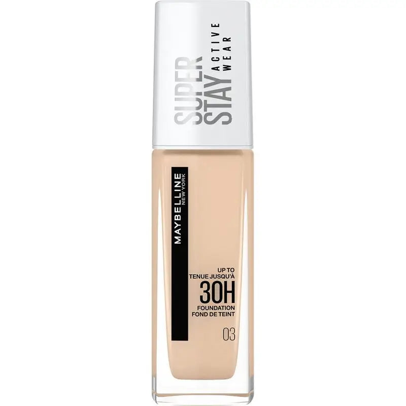 Base de Maquilhagem Maybelline New York Superstay Activewear 30H Base de Maquilhagem de Longa Duração e Alta Cobertura. Sombra 03 True Ivory.