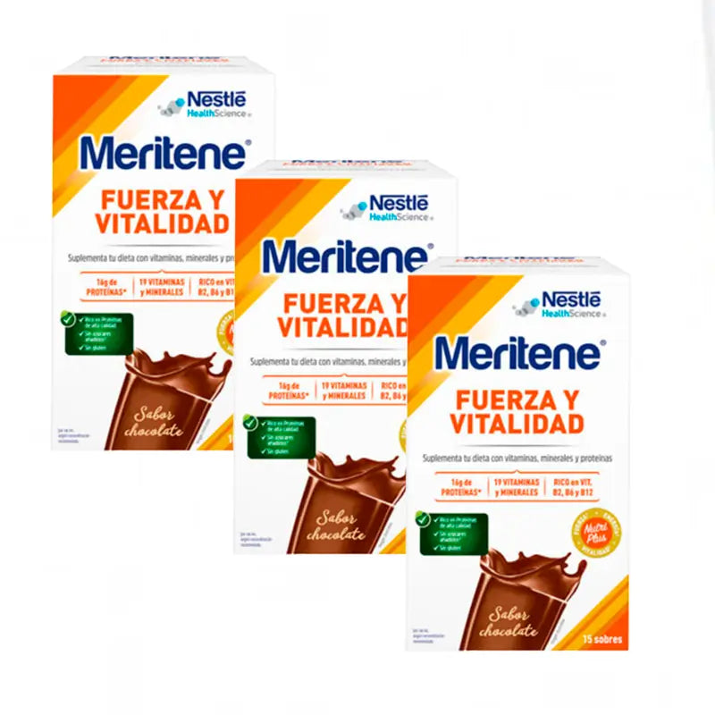 Batido de Força e Vitalidade Meritene Sabor a Chocolate 3x15 Saquetas, 30 Gr