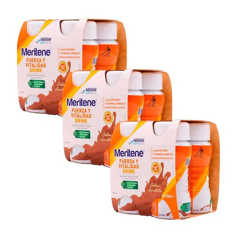 Meritene Pack Strength & Vitality Drink Batido de sabor a chocolate, 12X125 ml