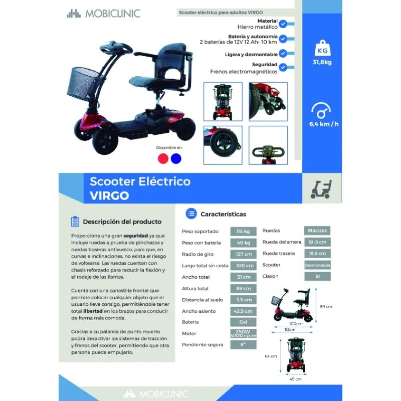 Mobiclinic Mobility Scooter Mobilidade Reduzida - Autónoma. 10 Km - 4 rodas - Compacta e desmontável - 12Ah - 250W - Virgo - Mobiclinic