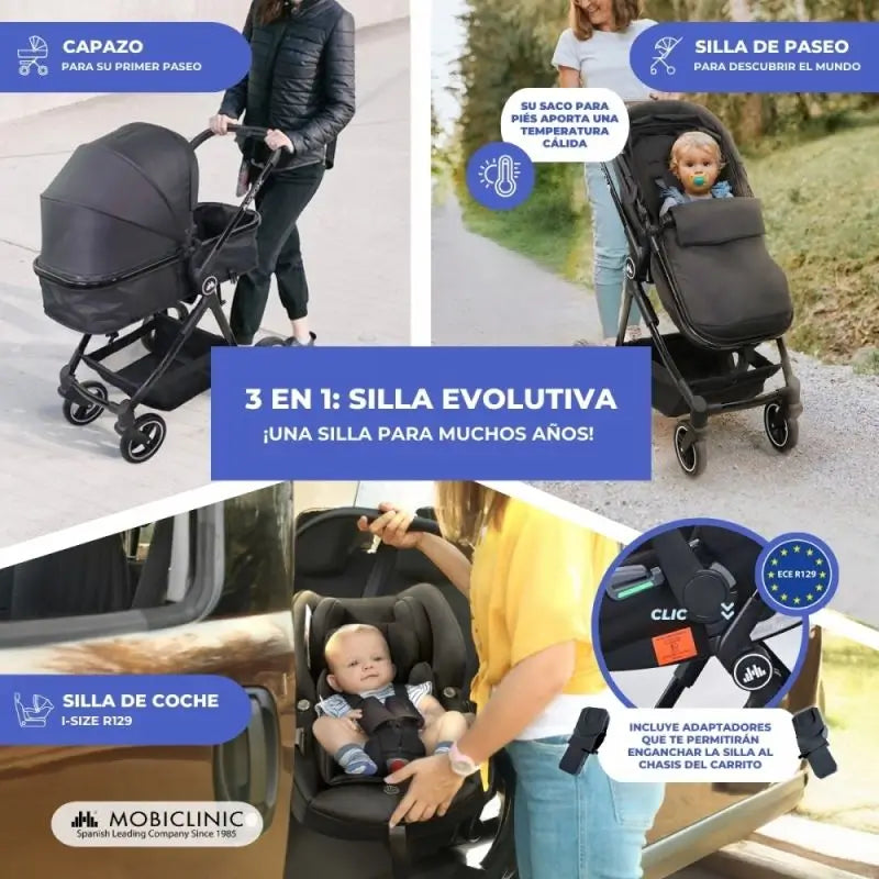 Mobiclinic Darky 3 In 1 Folding Stroller Cinzento