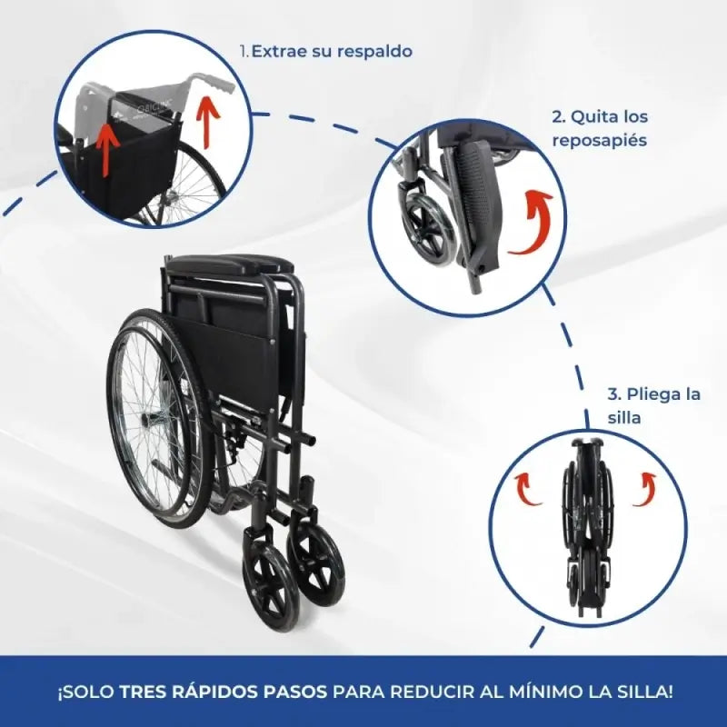 Cadeira de rodas dobrável Mobiclinic - Encosto e apoio para os pés amovíveis - Aço - Rodas grandes - 46 Cm - Cinzento - Denver