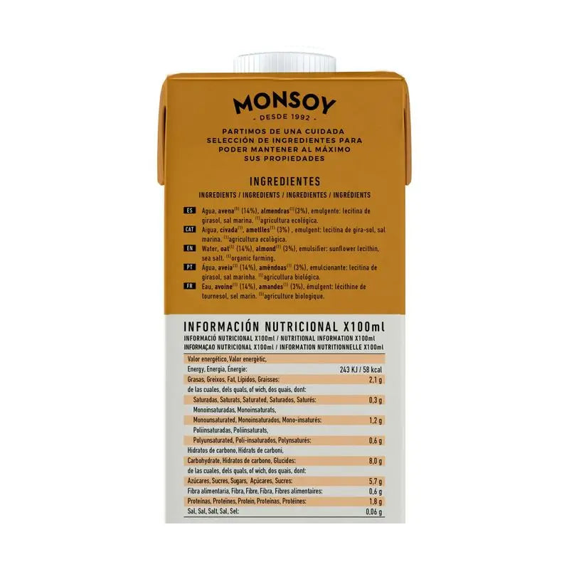 Monsoy Bebida Vegetal de Amêndoa com Aveia 1Lt 6Uds.Bio