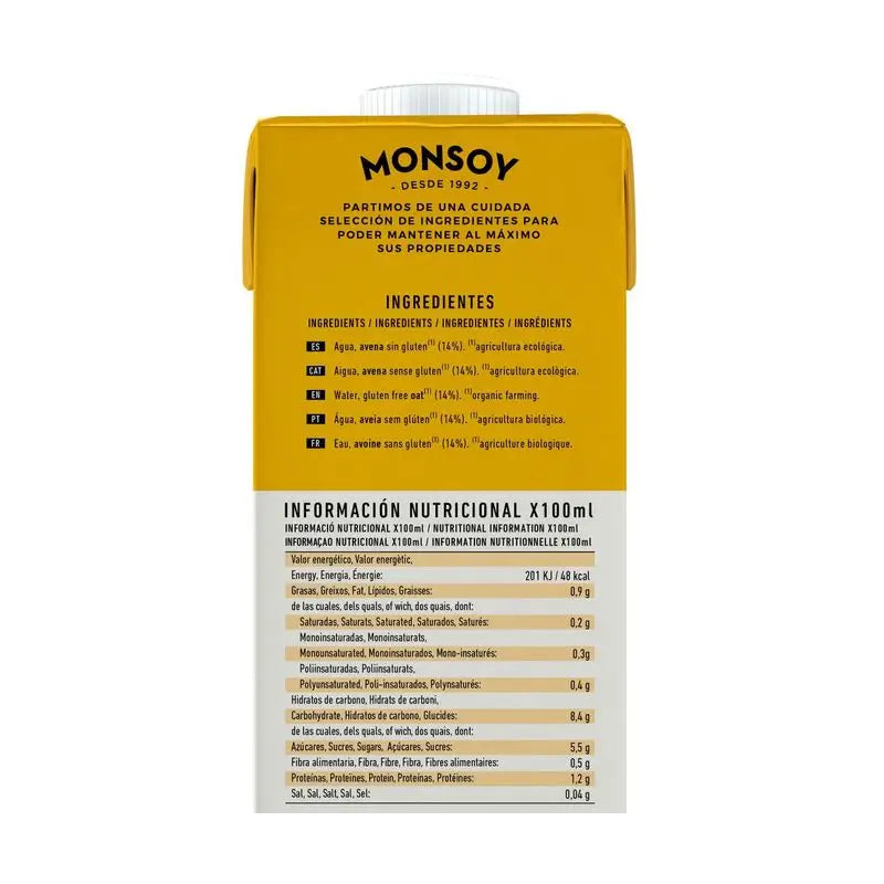 Monsoy Bebida vegetal de aveia sem glúten 1Lt. 6Pcs. Bio