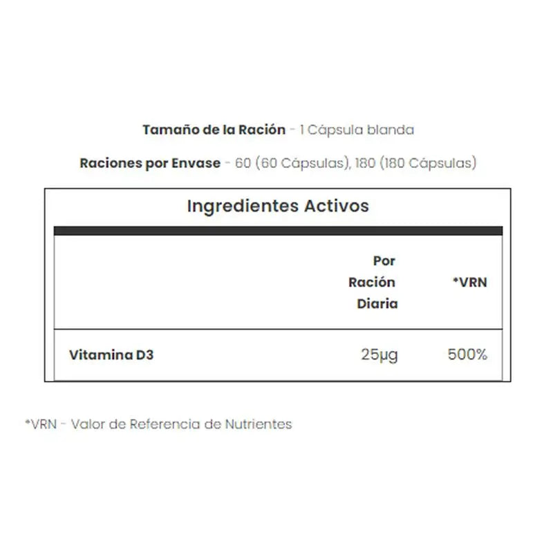 Myvitamins Vitamina D3 , 180 cápsulas