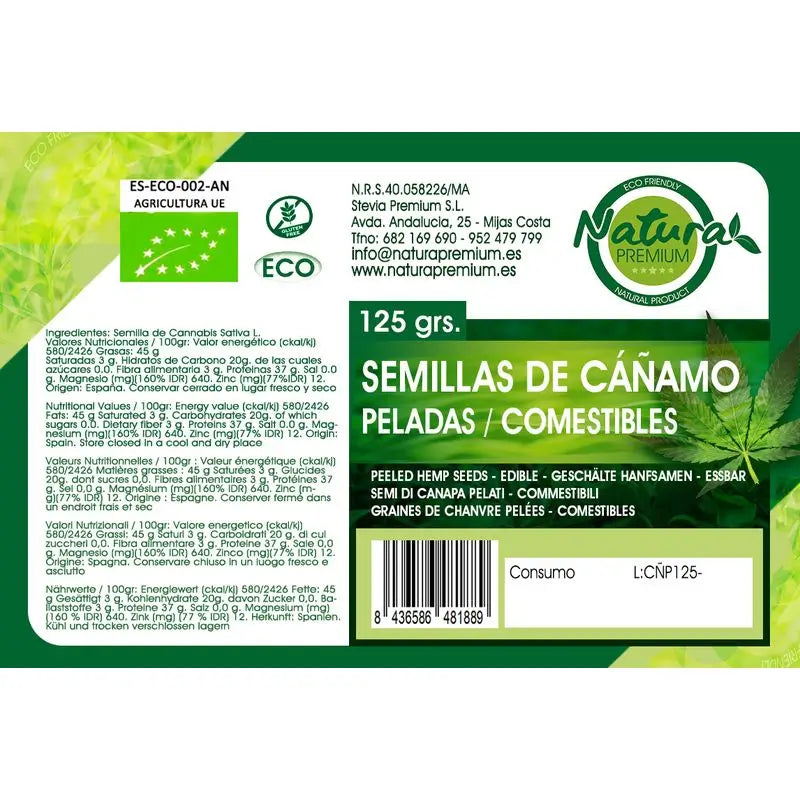 Natura Premium Sementes de Cânhamo Sem Pele Comesti Bio , 125 gr