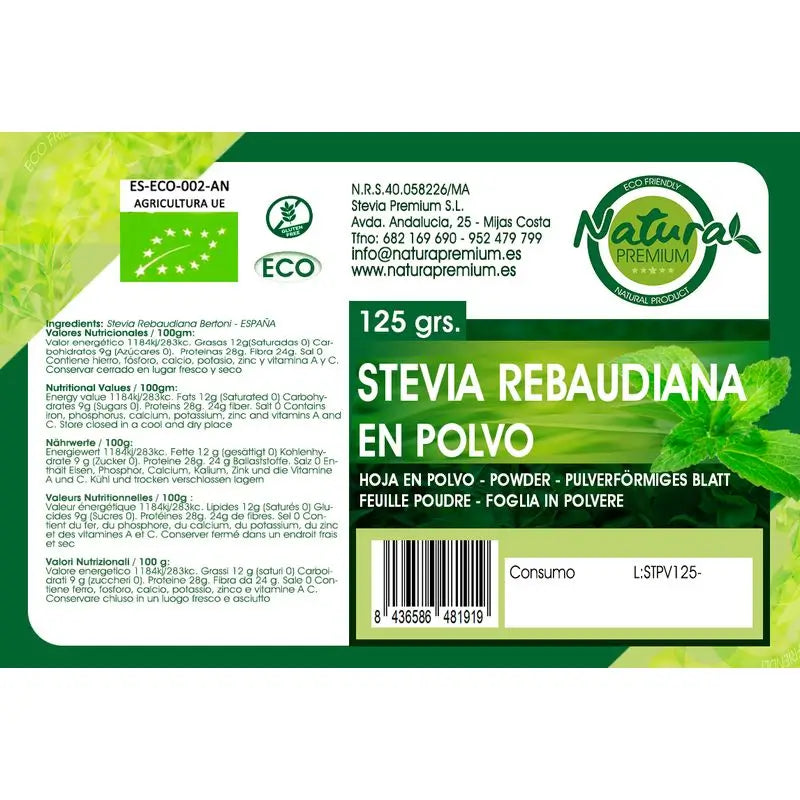 Natura Premium Stevia em pó Stevia Leaf Leaf Leaf Powdered Bio , 500 g