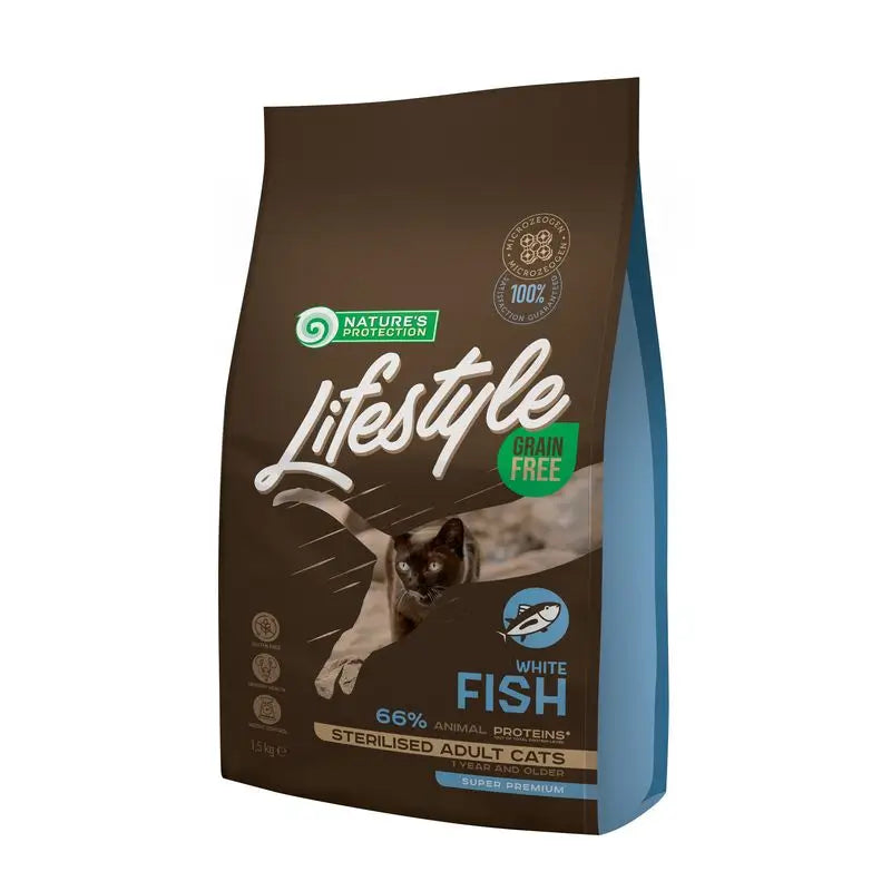 Natures Protection Lifestyle Sem Grãos Para Gatos Esterilizados Peixe Branco, 1,5Kg