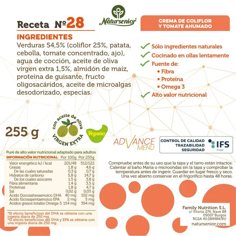 Natursenior Adulto Creme de Legumes com Couve-Flor e Tomate Fumado com Omega 3 Dha, Prebióticos e Proteína. , 255 gr