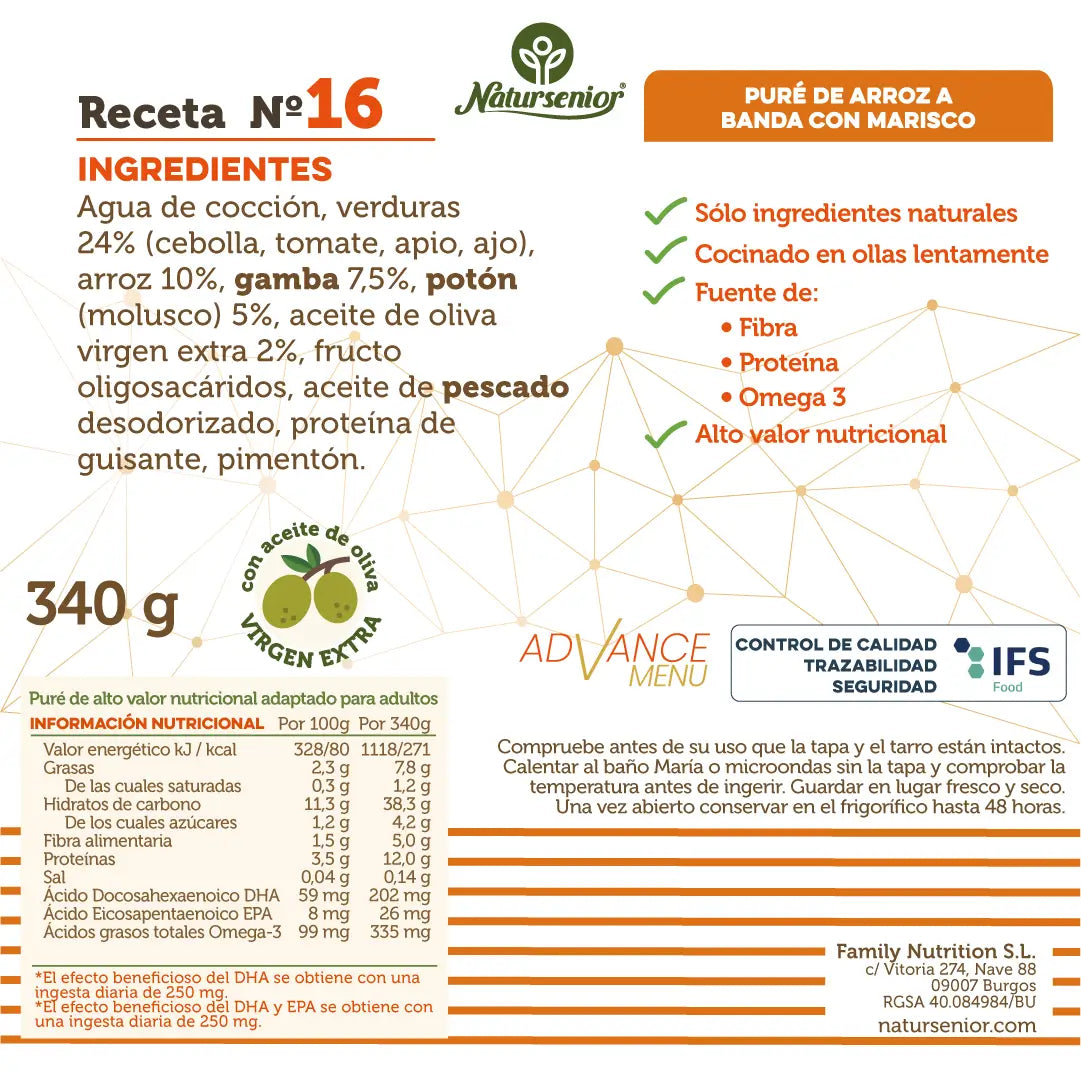 Natursenior Adultos Puré de Arroz com Marisco com Omega 3 Dha+Epa, Prebióticos e Proteína. , 340 gr