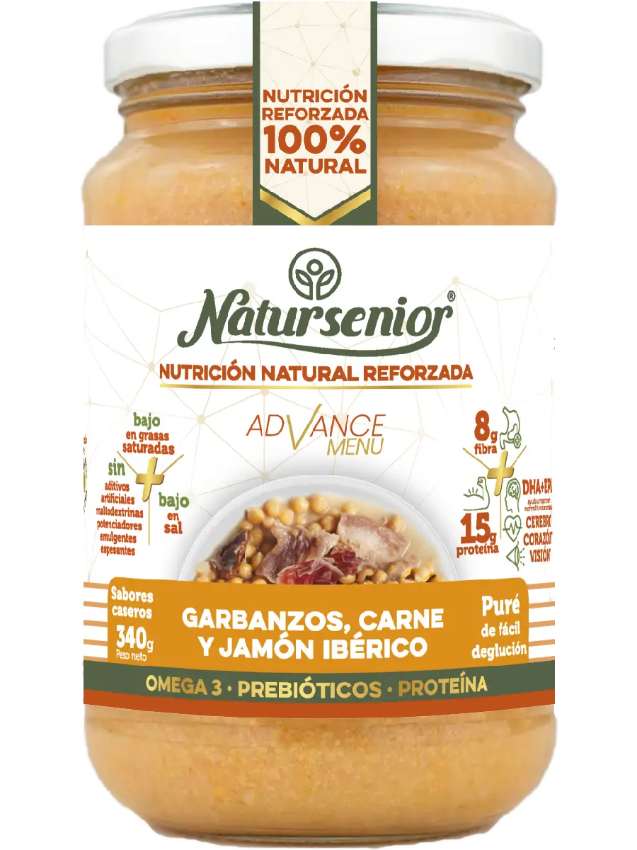 Natursenior Adultos Puré de Grão-de-Bico com Carne e Presunto Ibérico com Ómega 3 Dha+Epa, Prebióticos e Proteínas. , 340 gr