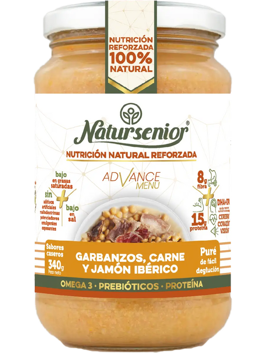 Natursenior Adultos Puré de Grão-de-Bico com Carne e Presunto Ibérico com Ómega 3 Dha+Epa, Prebióticos e Proteínas. , 340 gr