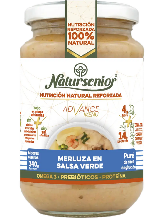 Natursenior Adultos Puré de Pescada em Molho Verde Reforçado com Ómega 3 Dha+Epa, Prebióticos e Proteínas. , 340 gr