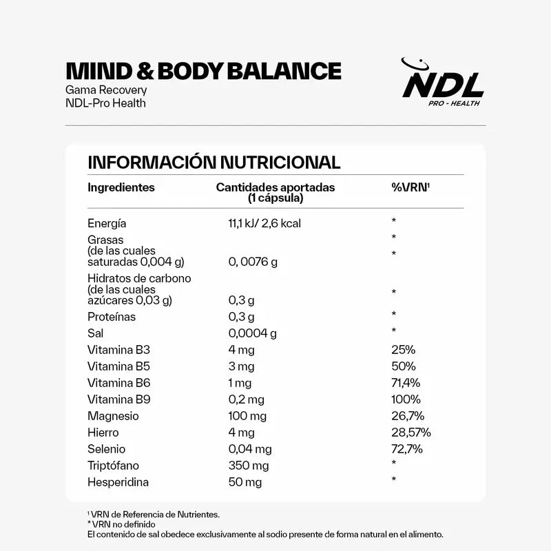 NDL Pro-Health Mind & Body Balance, Triptofano com Magnésio e Vitamina B6, 30 Cápsulas