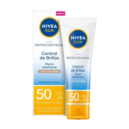 Nivea Sun Sun Protection Uv Shine Control Proteção Facial com Cor de Tom Médio, 50 ml