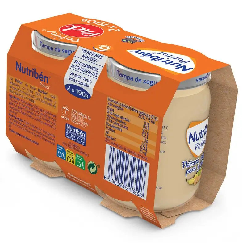 Alimento para Bebés Nutriben Banana, Mandarina, Pera e Biscoito, 2 x 190 g