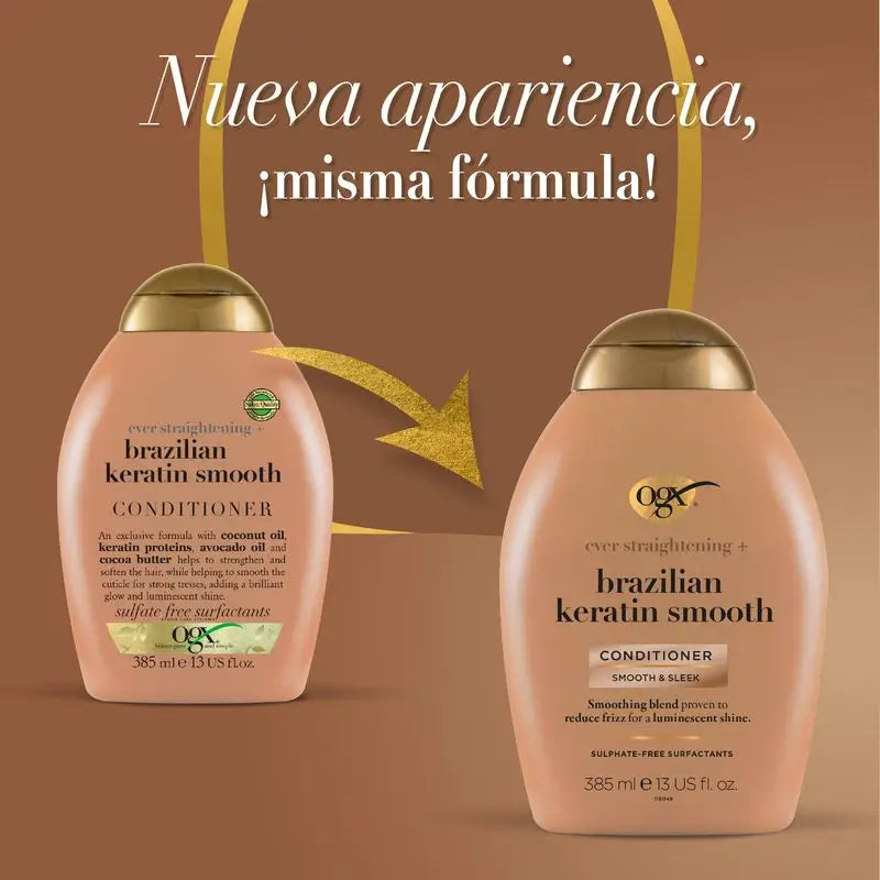 OGX Brazilian Keratin Conditioner, para cabelos ondulados ou encaracolados, suaviza, fortalece e hidrata, 385ml