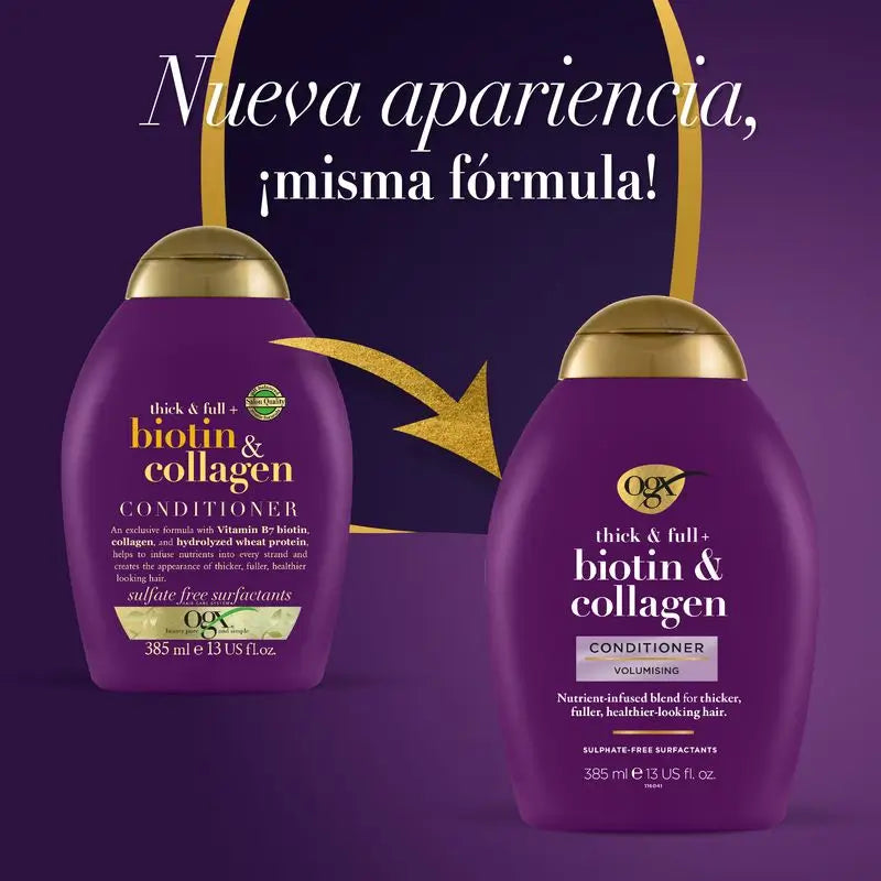 Condicionador OGX Sem Sulfatos, Biotina e Colagénio, Cabelo Volumoso e Saudável, 385 ml