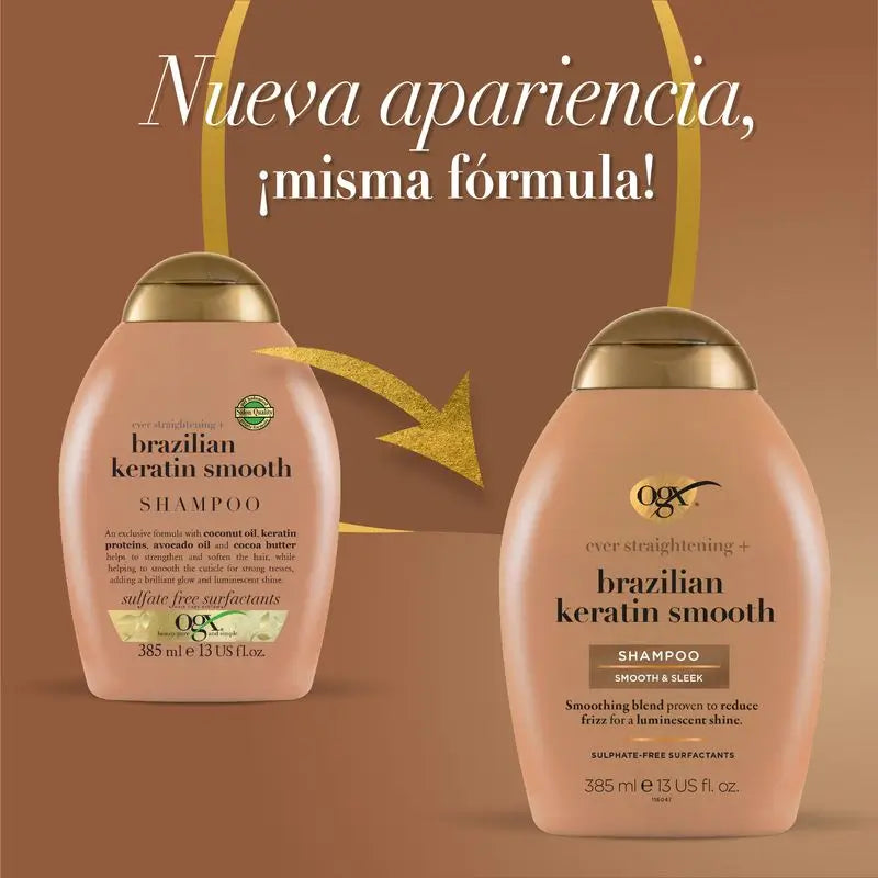 OGX Champô Queratina Brasileira, Suavizar e Nutrir, Cabelo Ondulado ou Encaracolado, Suave e Brilhante, 385ml