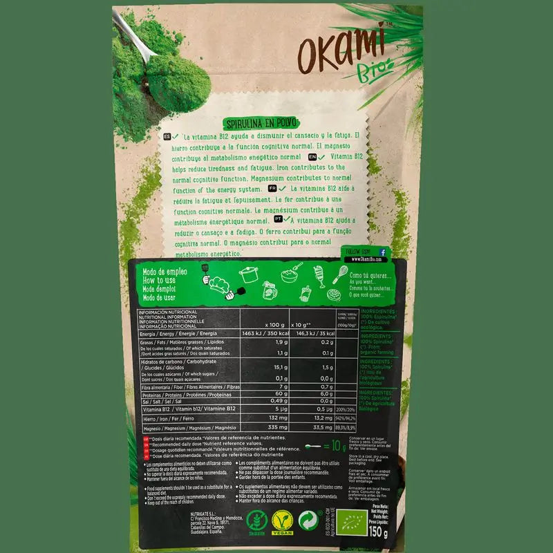 Okami Bio Spirulina em Pó 150Gr. Bio Sg Vegan