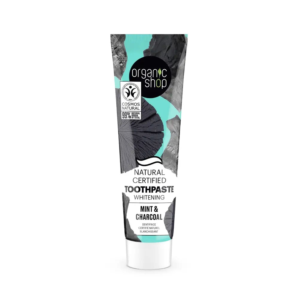 Organic Shop Os Charcoal & Mint. Pasta de dentes branqueadora natural certificada, 100 G