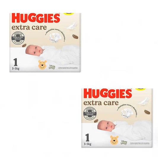 Pack 2 x Fraldas para recém-nascidos Huggies Extra Care tamanho 1 (3-5KG), 56 unidades.