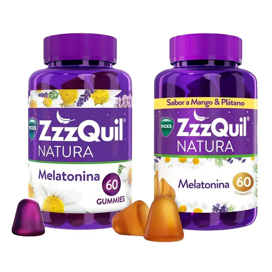 Pacote 2x60 ZzzQuil Natura Melatonin Original e sabor a Manga