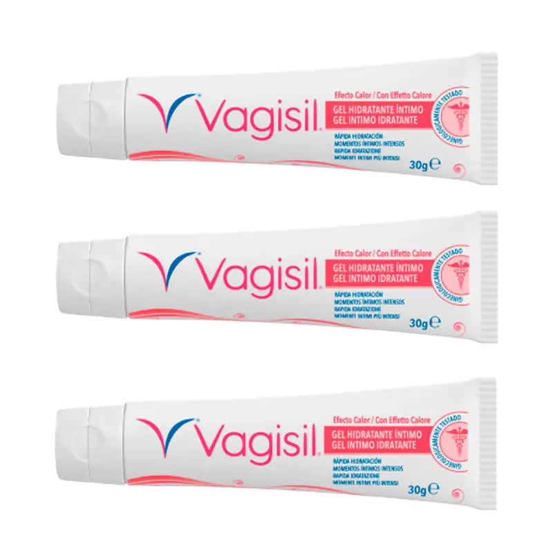 Embalagem 3 Vagisil Gel Hidratante Íntimo Efeito Calor, 30gr