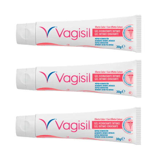 Embalagem 3 Vagisil Gel Hidratante Íntimo Efeito Calor, 30gr