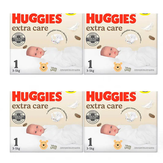 Pack de Fraldas Huggies 4X Extra Care Tamanho 1 (3-5Kg), 112 unidades.